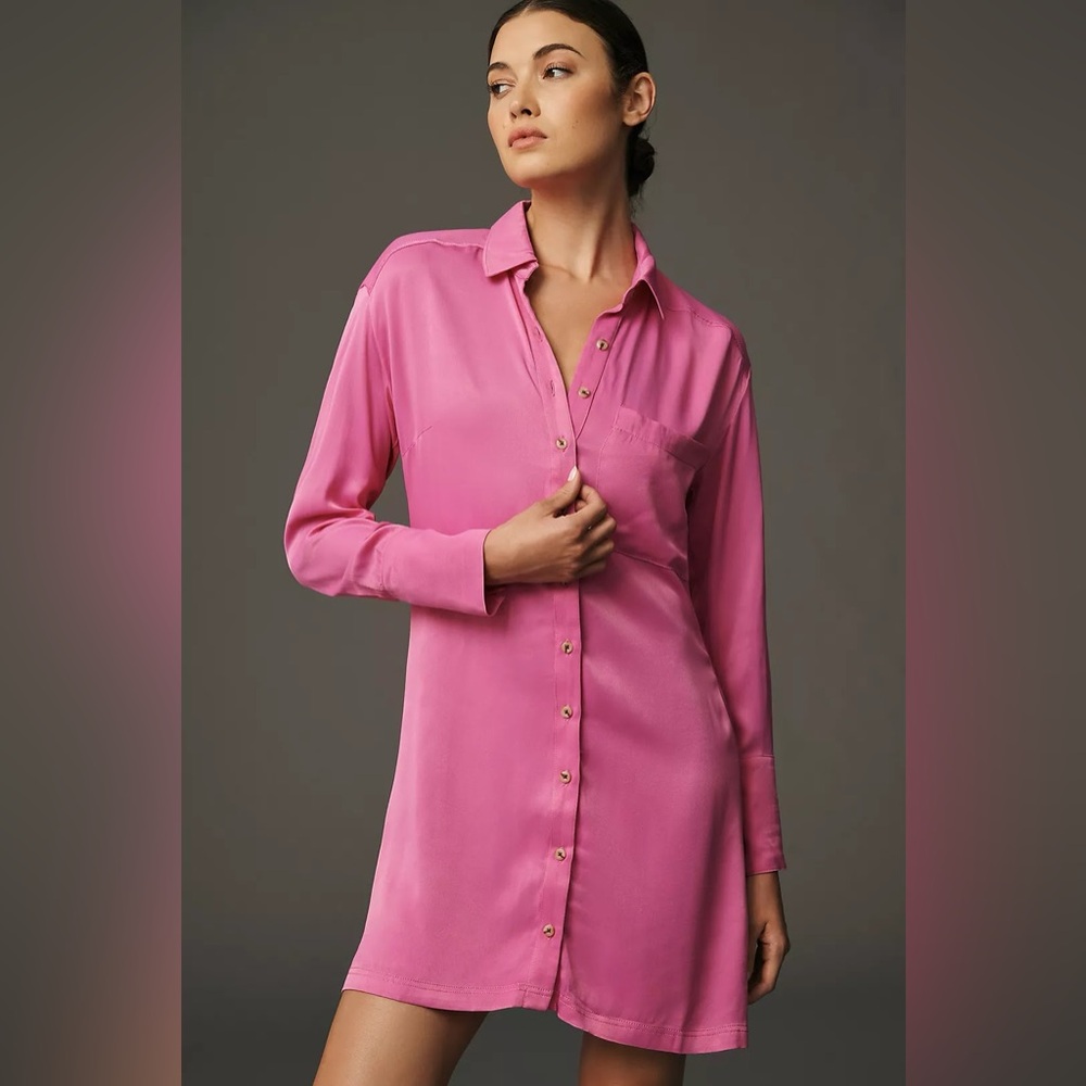 PILCRO SILKY LONG-SLEEVE MINI SHIRT DRESS Pink NWT Size 8